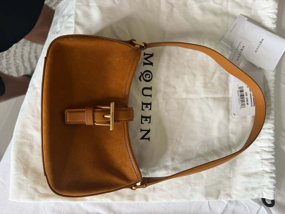 McQueen Mini T-Bar ShoulderBag Light Brown/Gold Calf Suede Leather MSRP $1,290